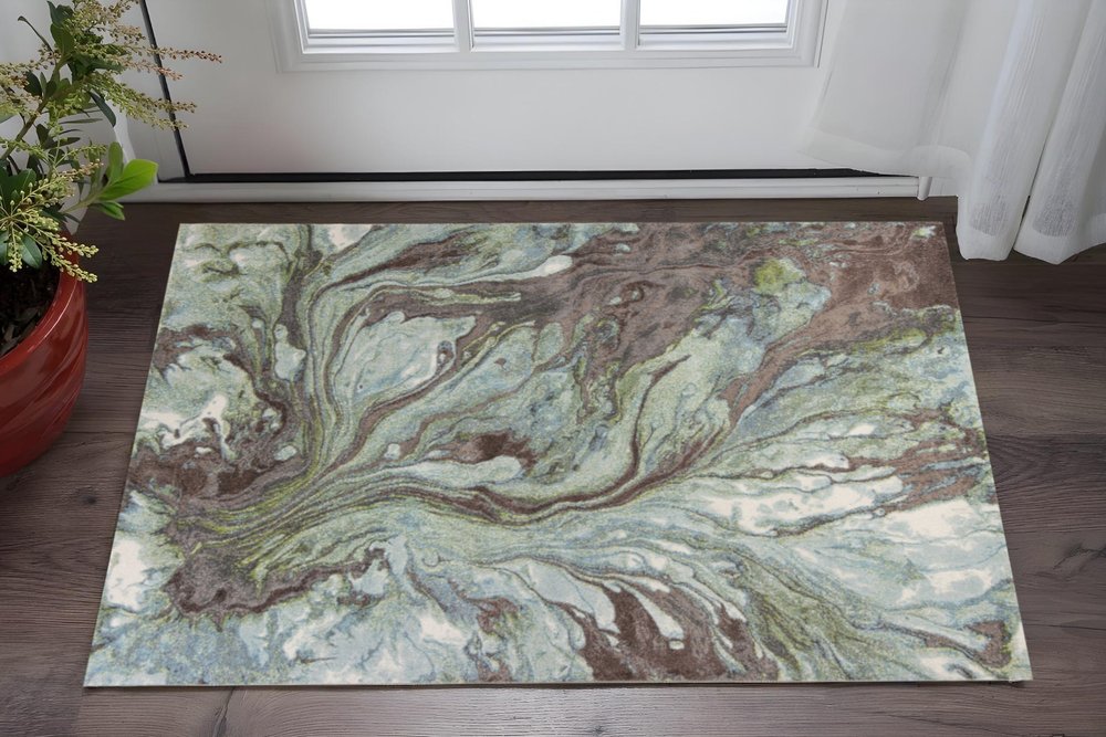3' X 5' Green And Brown Abstract Area Rug