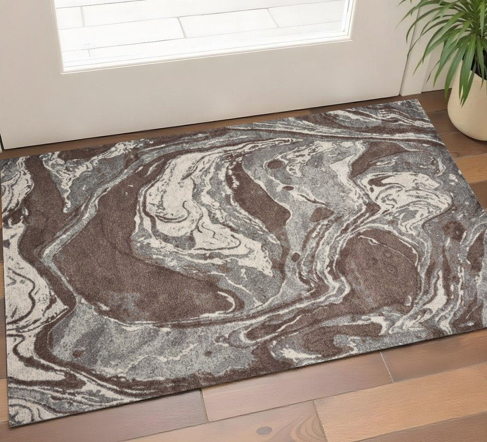 3' X 5' Brown And Ivory Abstract Area Rug