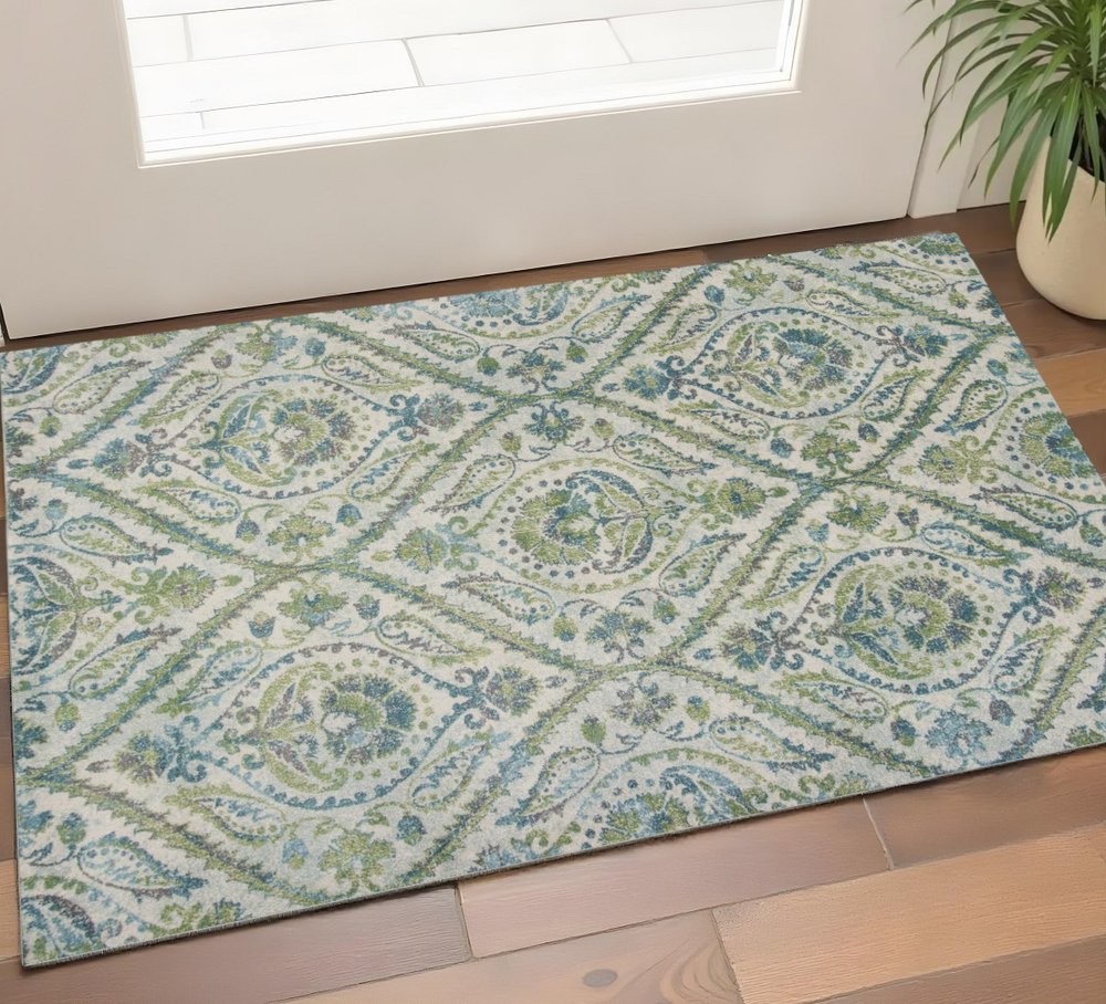 3' X 5' Green Ivory And Teal Medallion Area Rug