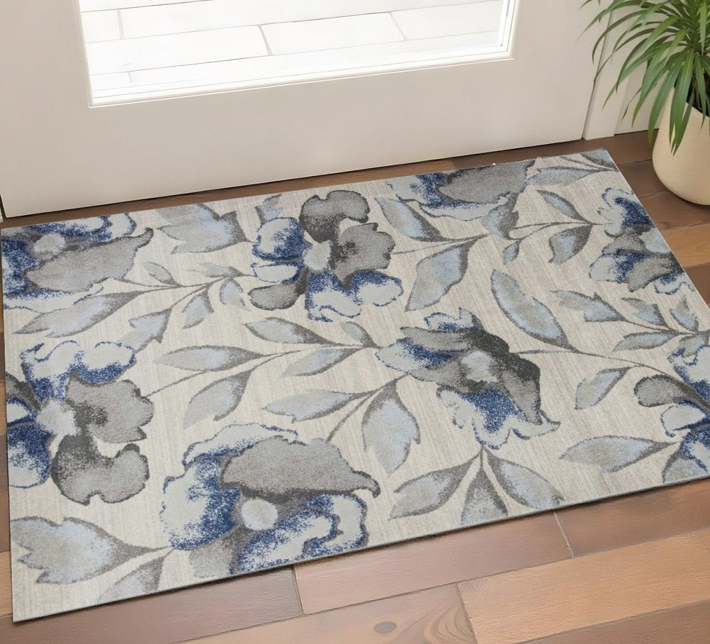 3' X 5' Ivory Blue And Gray Floral Vines Area Rug