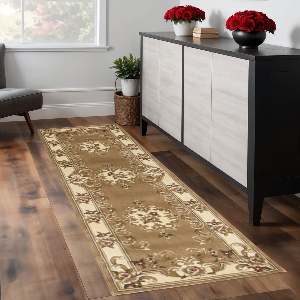 8' Beige Ivory And Brown Floral Medallion Runner Rug