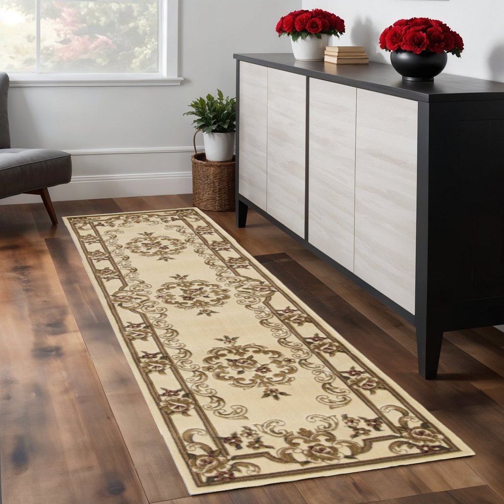 8' Beige And Brown Floral Medallion Runner Rug