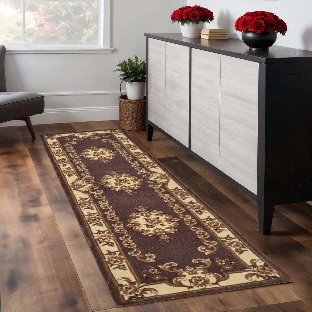 8' Plum And Ivory Floral Medallion Runner Rug