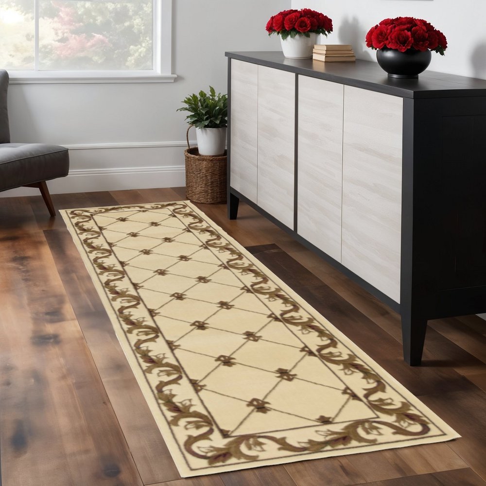 8' Ivory And Brown Floral Vines Runner Rug