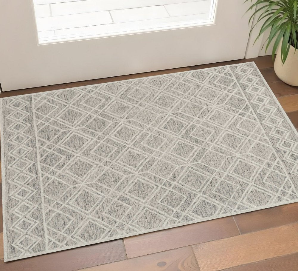 3' X 5' Sand Beige And Ivory Wool Geometric Hand Tufted Area Rug