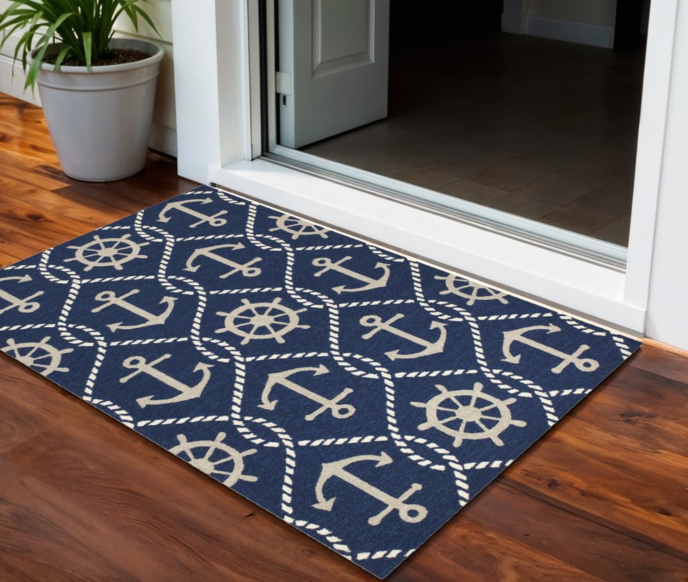 7' Navy Blue Round Nautical Handmade Indoor Outdoor Area Rug