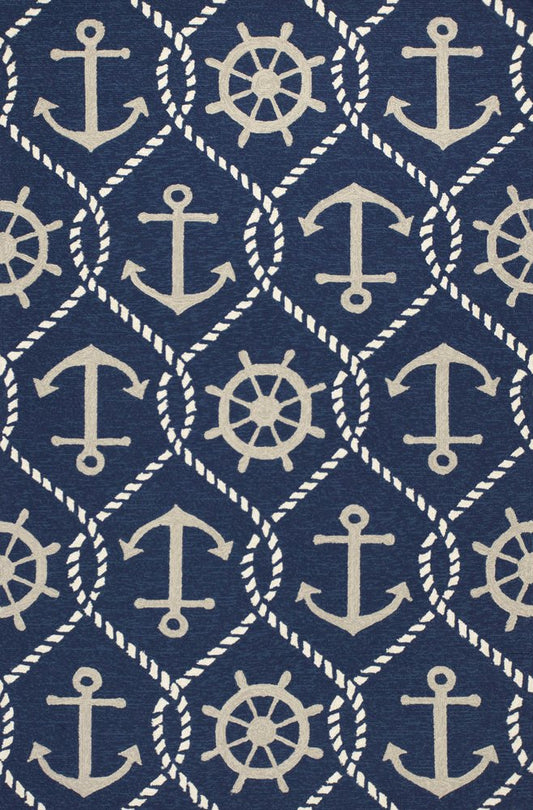 3' X 5' Navy Blue Gold And White Nautical Handmade Indoor Outdoor Area Rug
