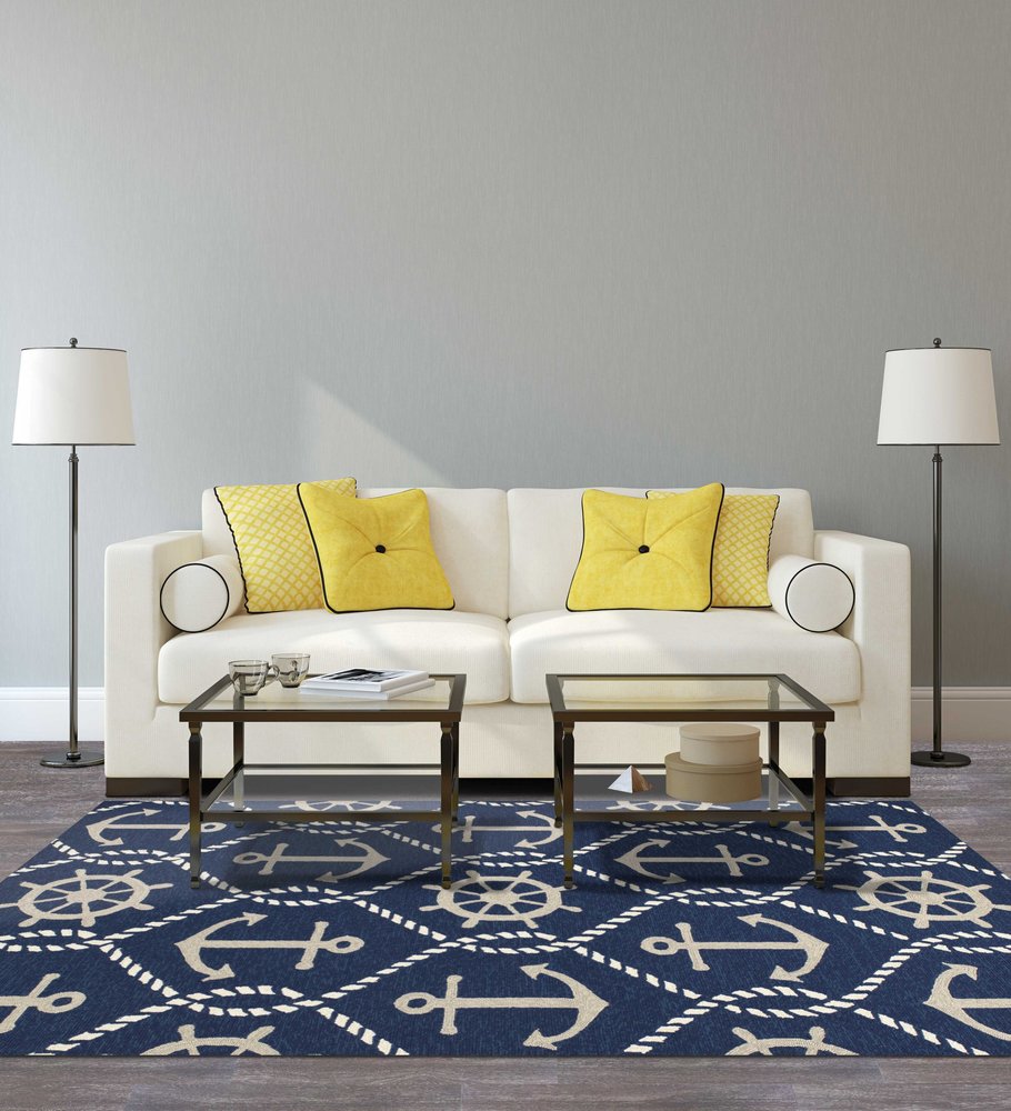7' Navy Blue Round Nautical Handmade Indoor Outdoor Area Rug
