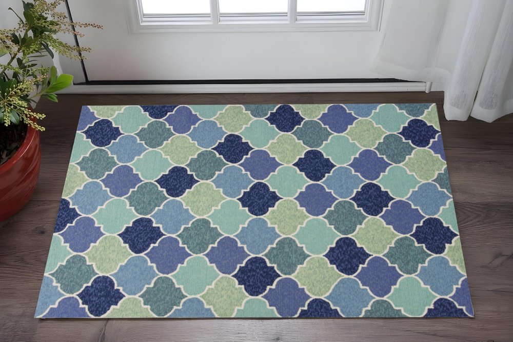 3' X 5' Blue Purple And Aqua Quatrefoil Hand Tufted Area Rug