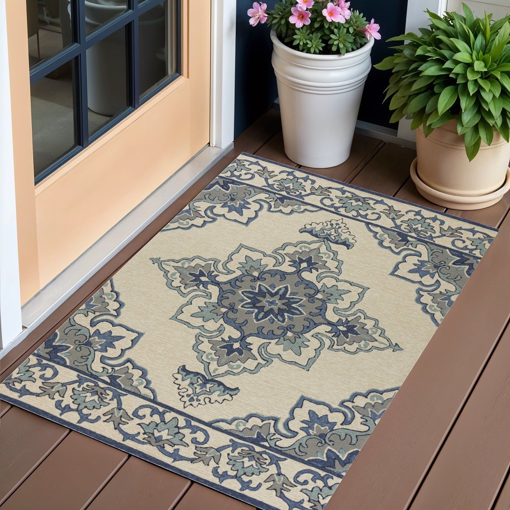 8' X 10' Ivory And Blue Damask Indoor Outdoor Area Rug