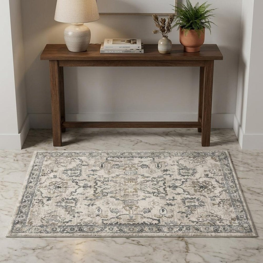 7' Ivory And Gray Floral Medallion Distressed Runner Rug