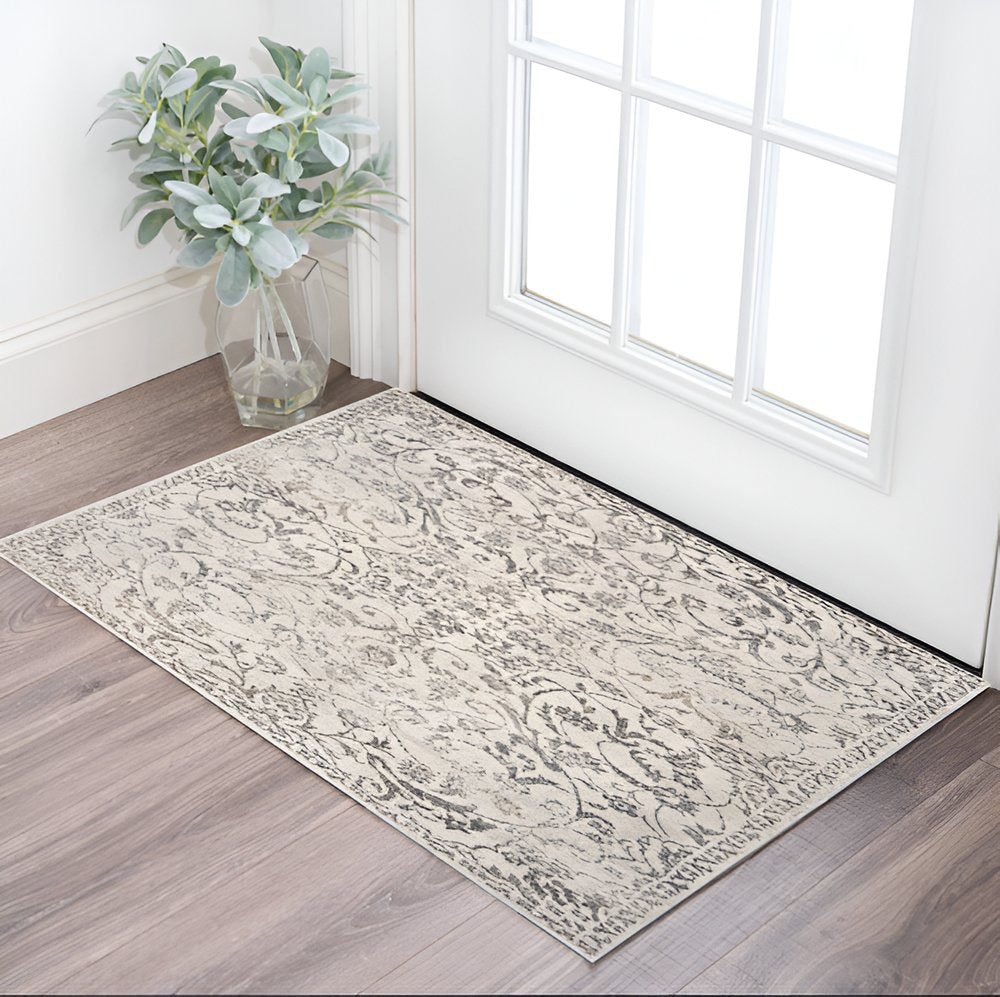 8' Ivory And Brown Floral Medallion Runner Rug