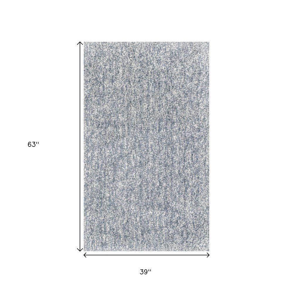 8' Slate Blue And Ivory Abstract Shag Hand Woven Runner Rug