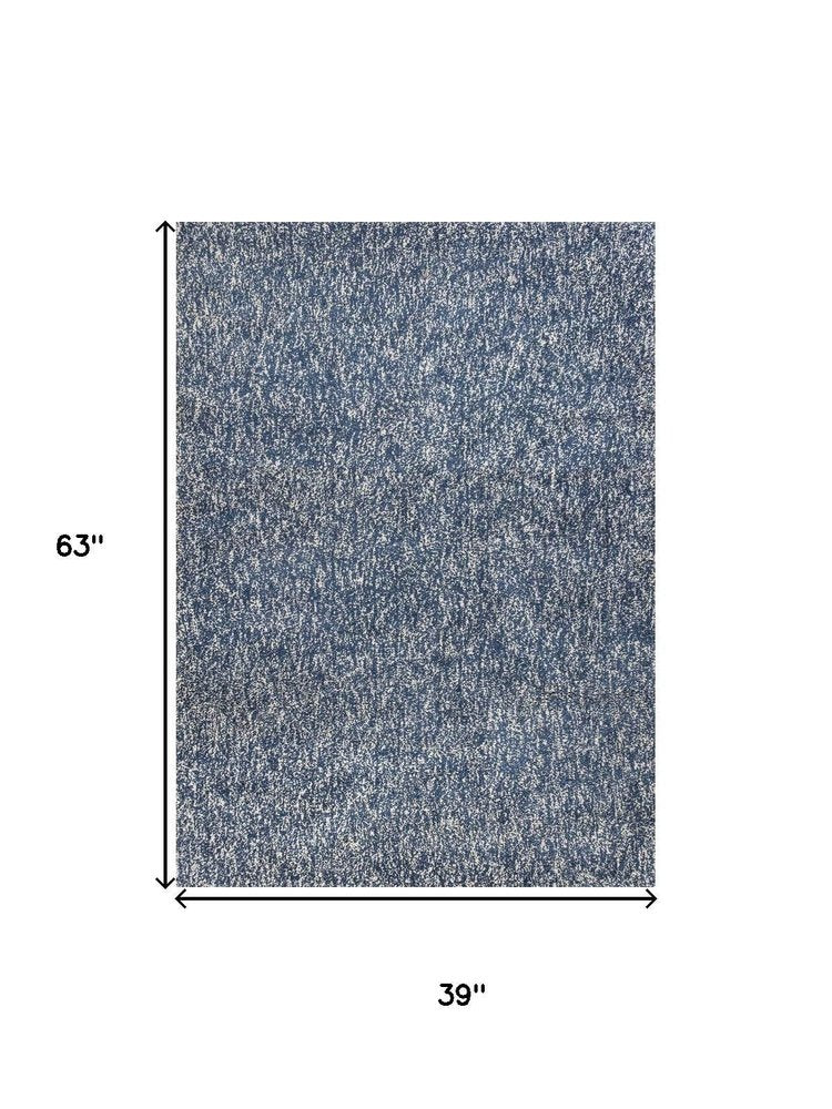 8' Indigo And Ivory Abstract Shag Hand Woven Runner Rug