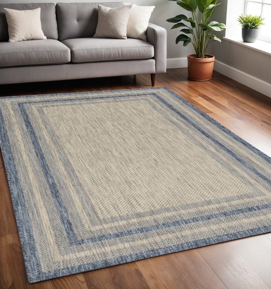 5' X 8' Grey Or Denim Bordered Uv Treated Area Rug