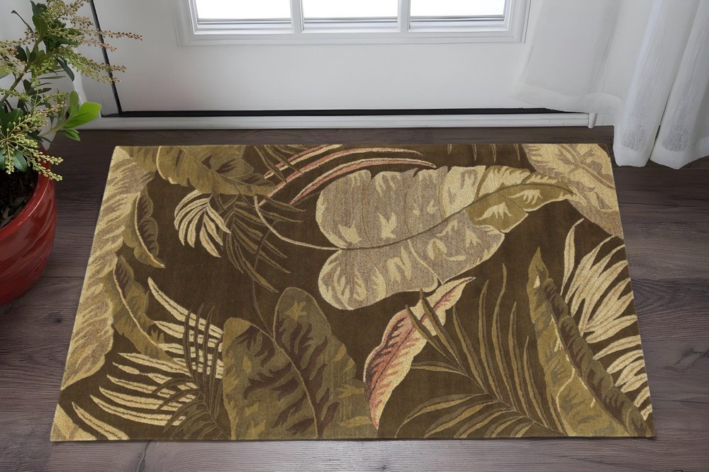 3' X 4' Brown And Beige Wool Botanical Leaves Hand Tufted Area Rug