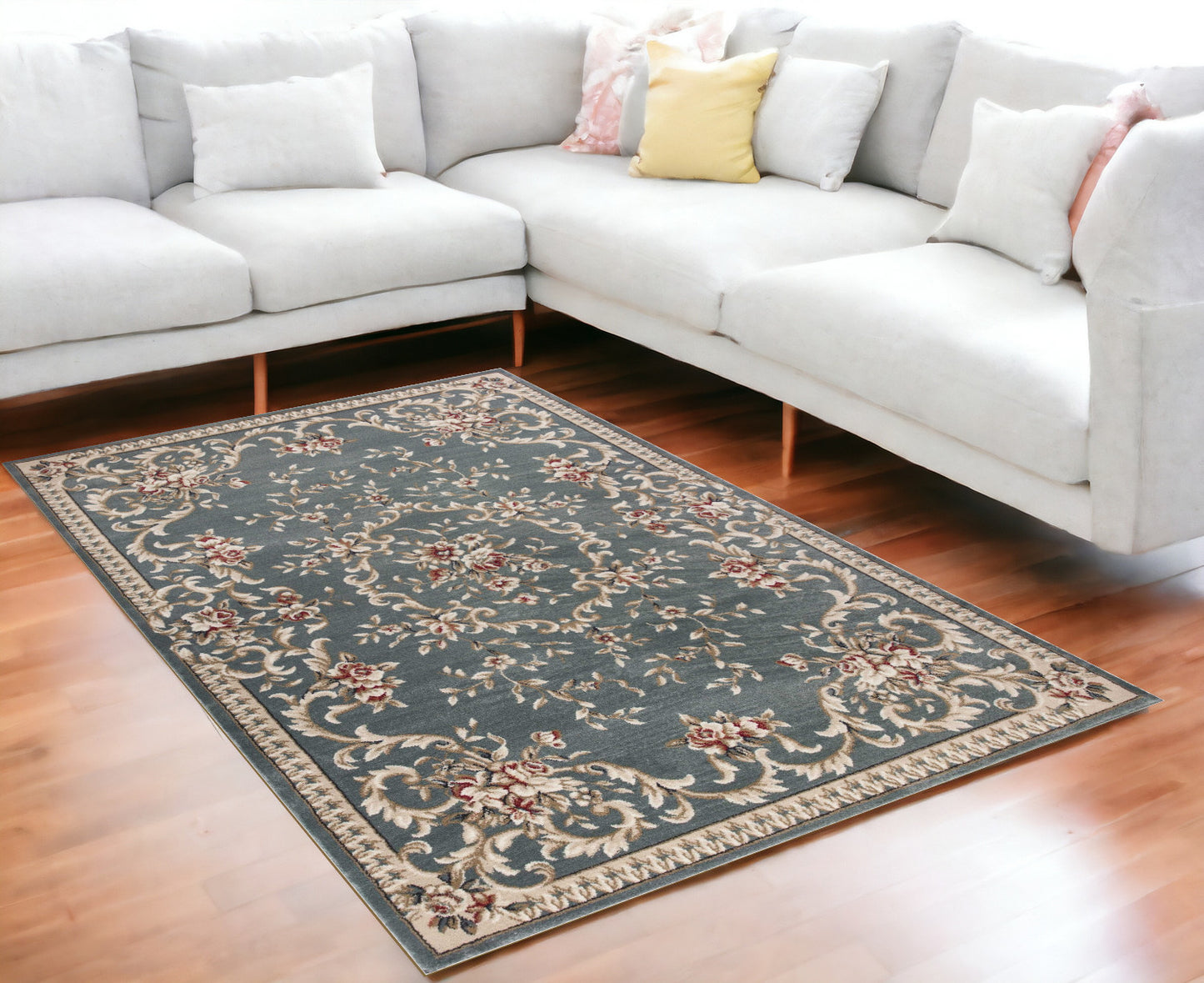 5' X 8' Slate Blue And Red Floral Area Rug