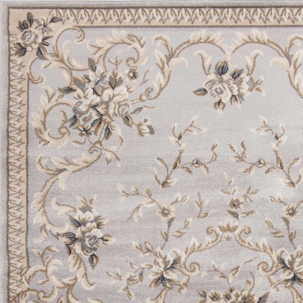 5' X 8' Light Gray Green And Tan Floral Medallion Area Rug