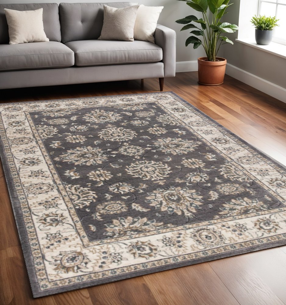 3' X 5' Gray And Ivory Floral Medallion Area Rug