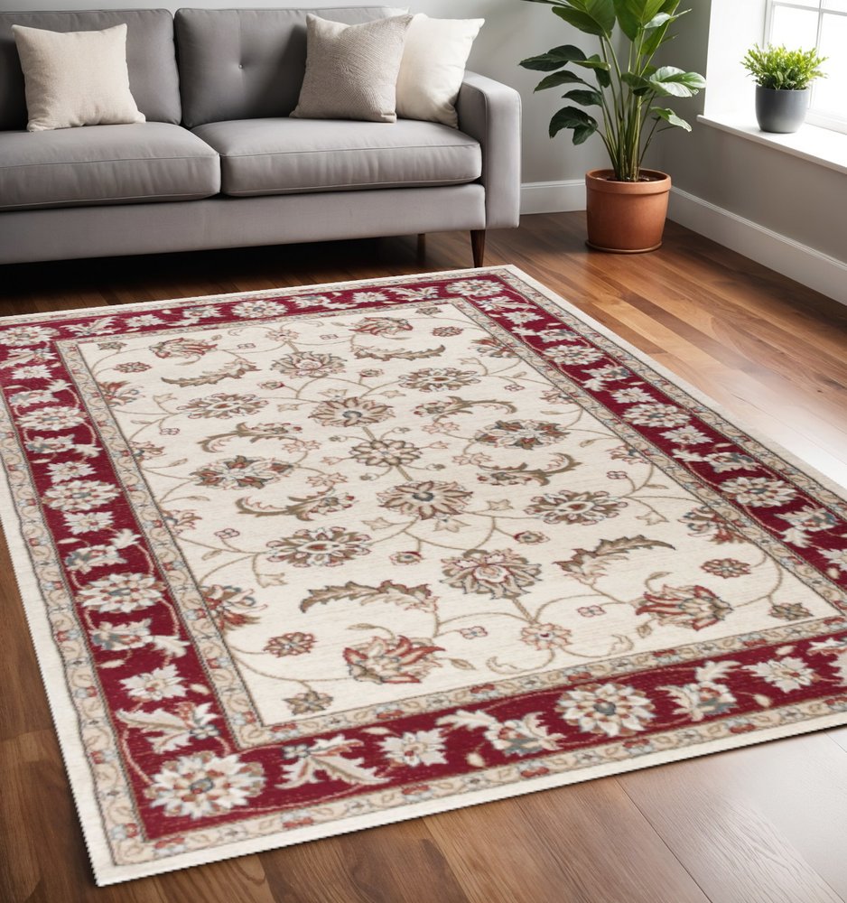 3' X 5' Ivory And Red Floral Medallion Area Rug