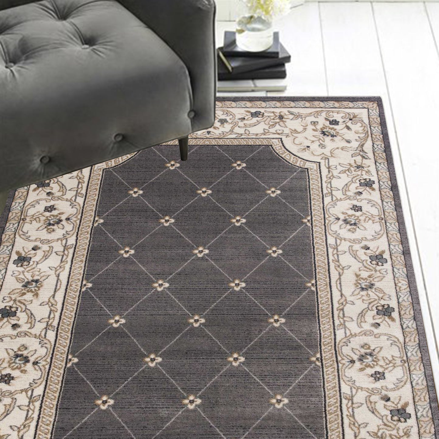 8' Gray And Ivory Floral Runner Rug