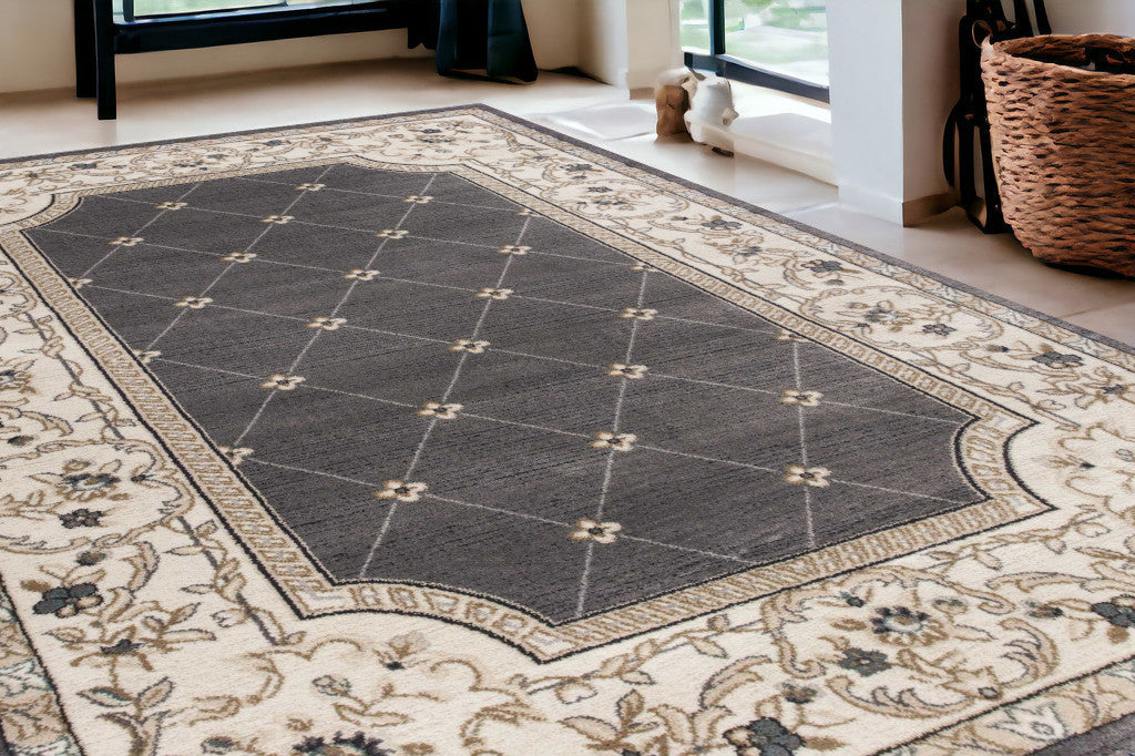 8' Gray And Ivory Floral Runner Rug