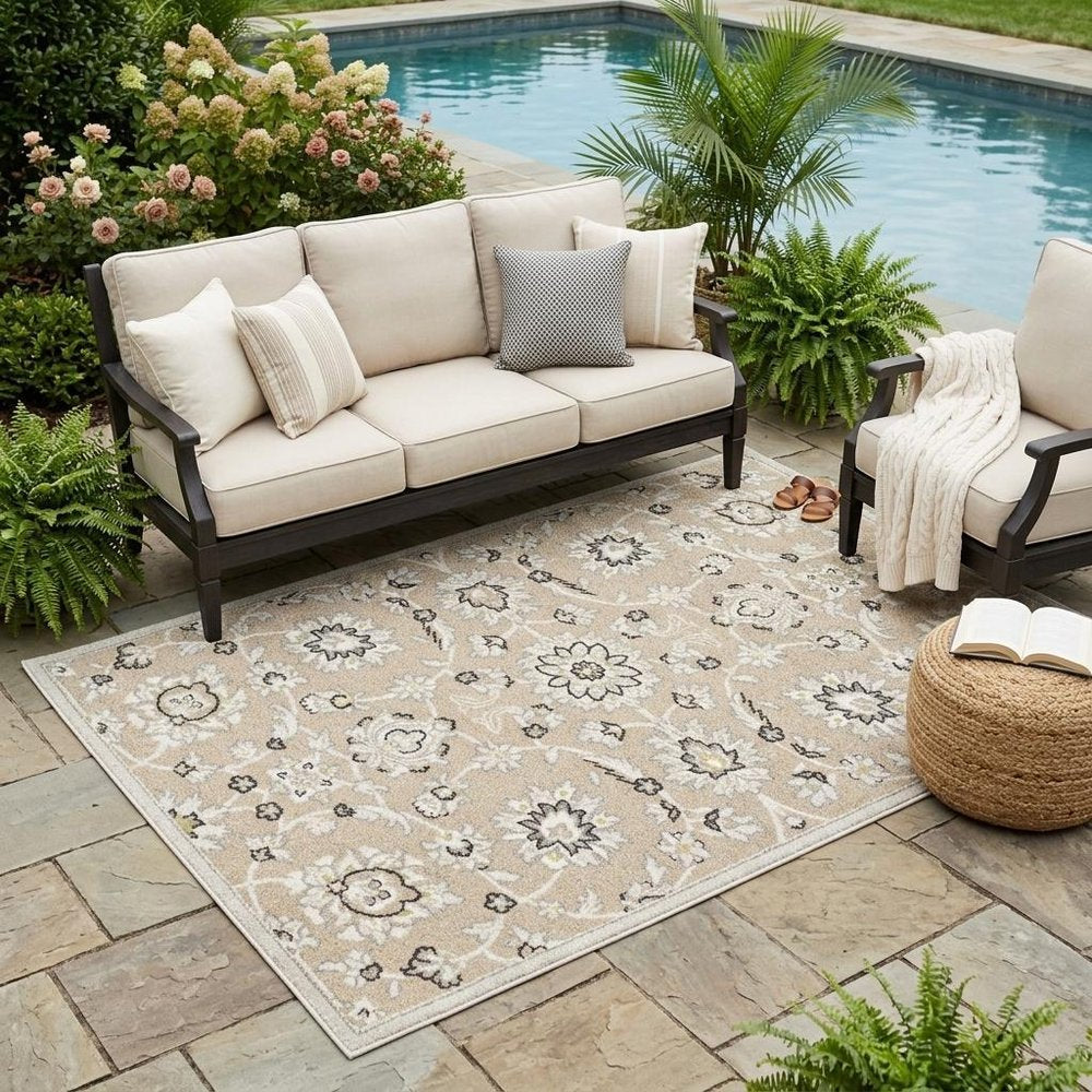 5' X 8' Gray And Ivory Floral Indoor Outdoor Area Rug