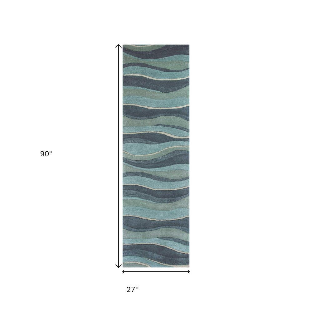 8' Blue Gray And Ivory Wool Hand Tufted Runner Rug