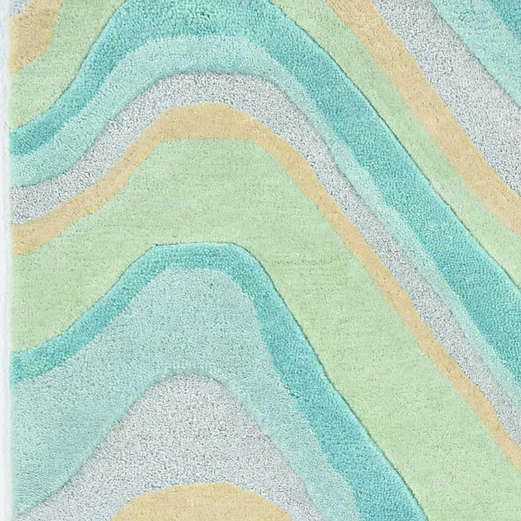 8' Ocean Blue Beige Hand Tufted Abstract Waves Indoor Runner Rug