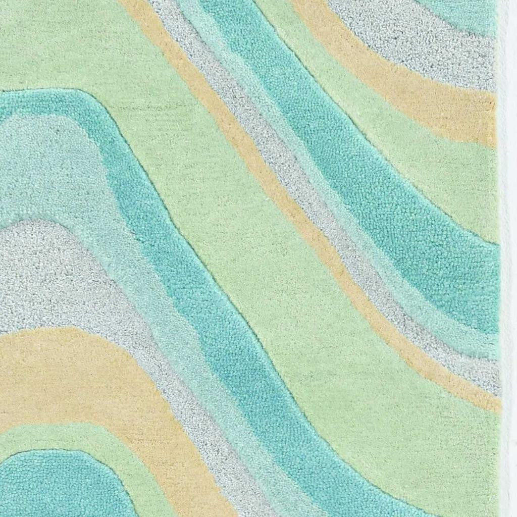 8' Ocean Blue Beige Hand Tufted Abstract Waves Indoor Runner Rug