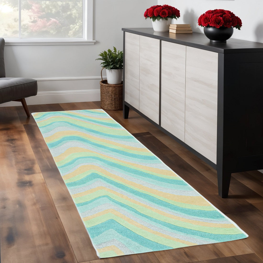 8' Ocean Blue Beige Hand Tufted Abstract Waves Indoor Runner Rug