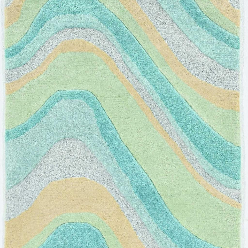 8' Ocean Blue Beige Hand Tufted Abstract Waves Indoor Runner Rug