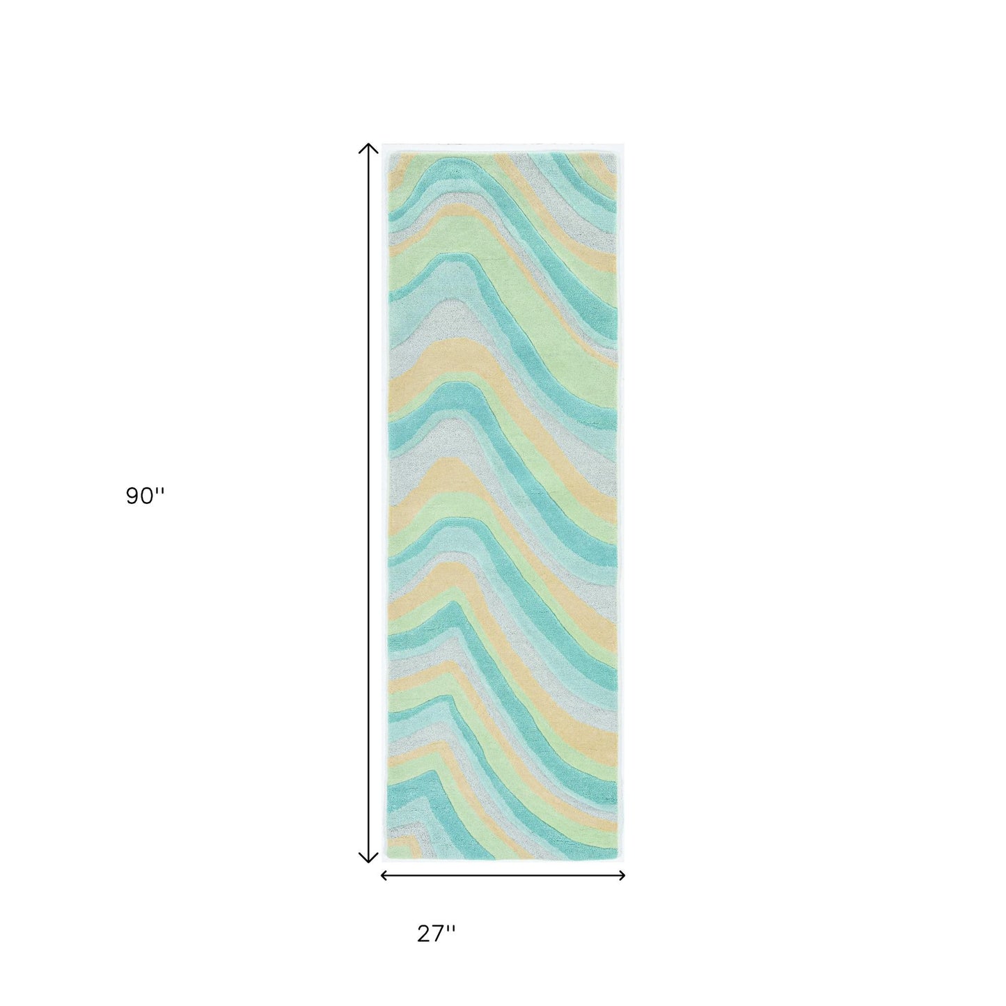 8' Ocean Blue Beige Hand Tufted Abstract Waves Indoor Runner Rug