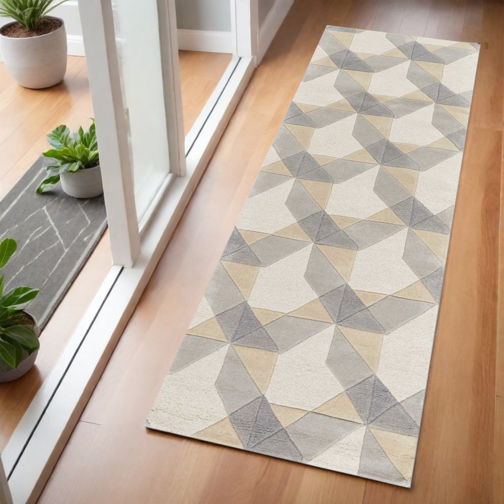 2' X 4' Ivory Gray And Cream Wool Geometric Hand Tufted Area Rug