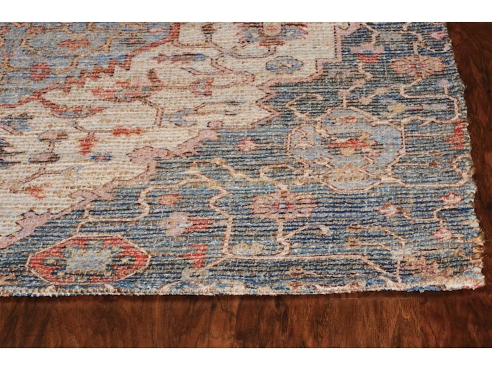3' X 5' Blue Beige And Brick Red Jute Medallion Hand Woven Area Rug