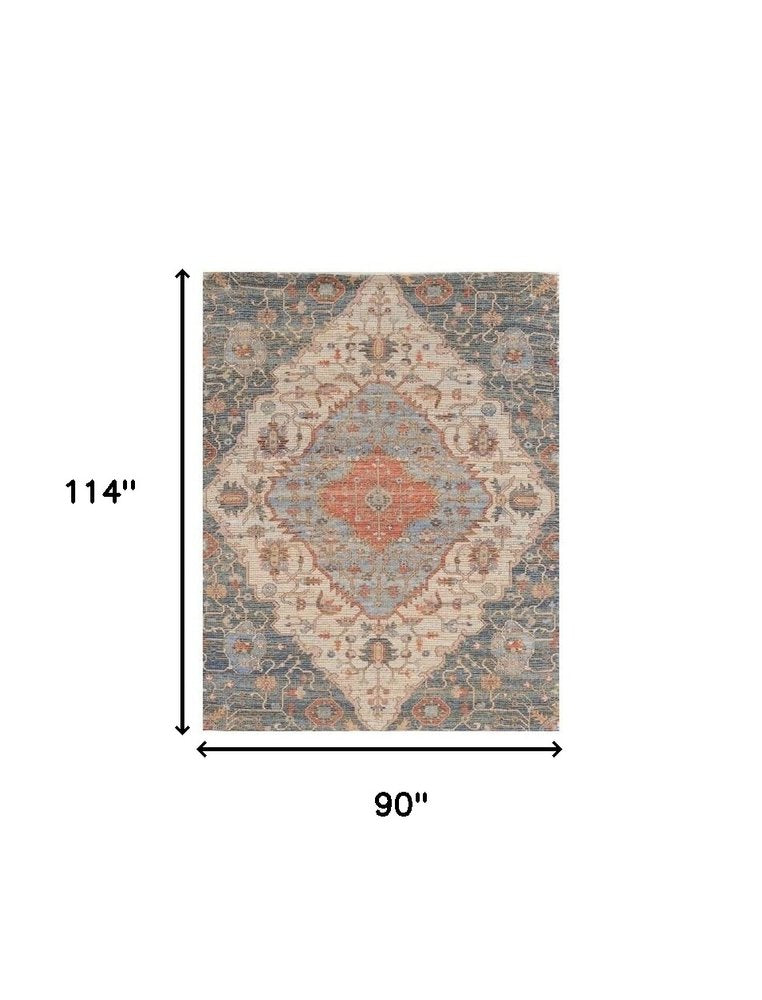 3' X 5' Blue Beige And Brick Red Jute Medallion Hand Woven Area Rug