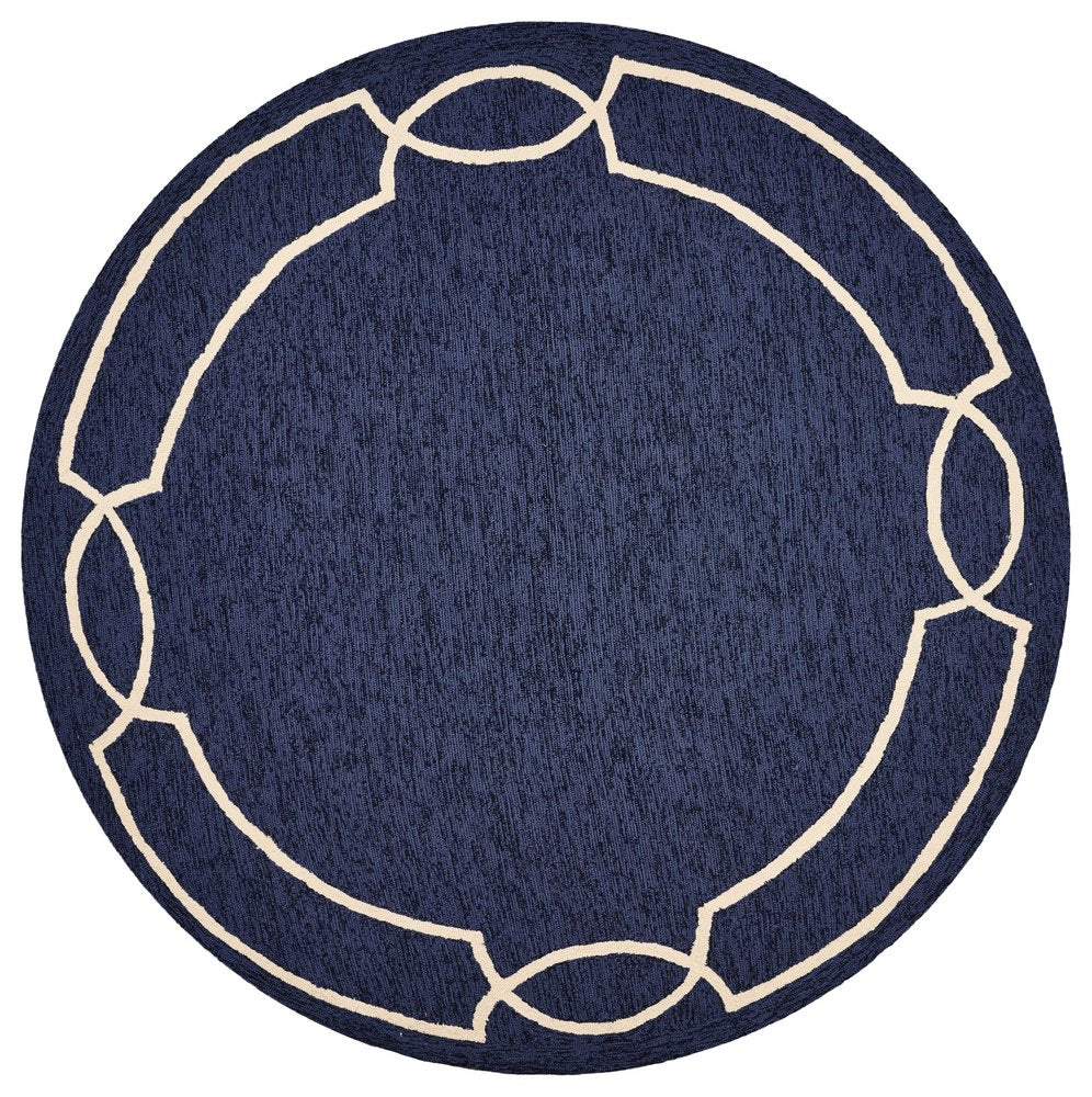 7' Blue And Ivory Round Geometric Handmade Indoor Outdoor Area Rug