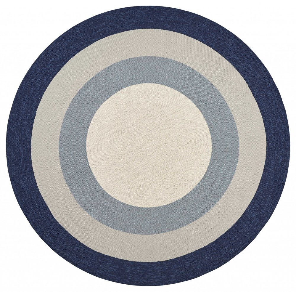 7' Navy Blue Gray And Ivory Round Geometric Handmade Indoor Outdoor Area Rug