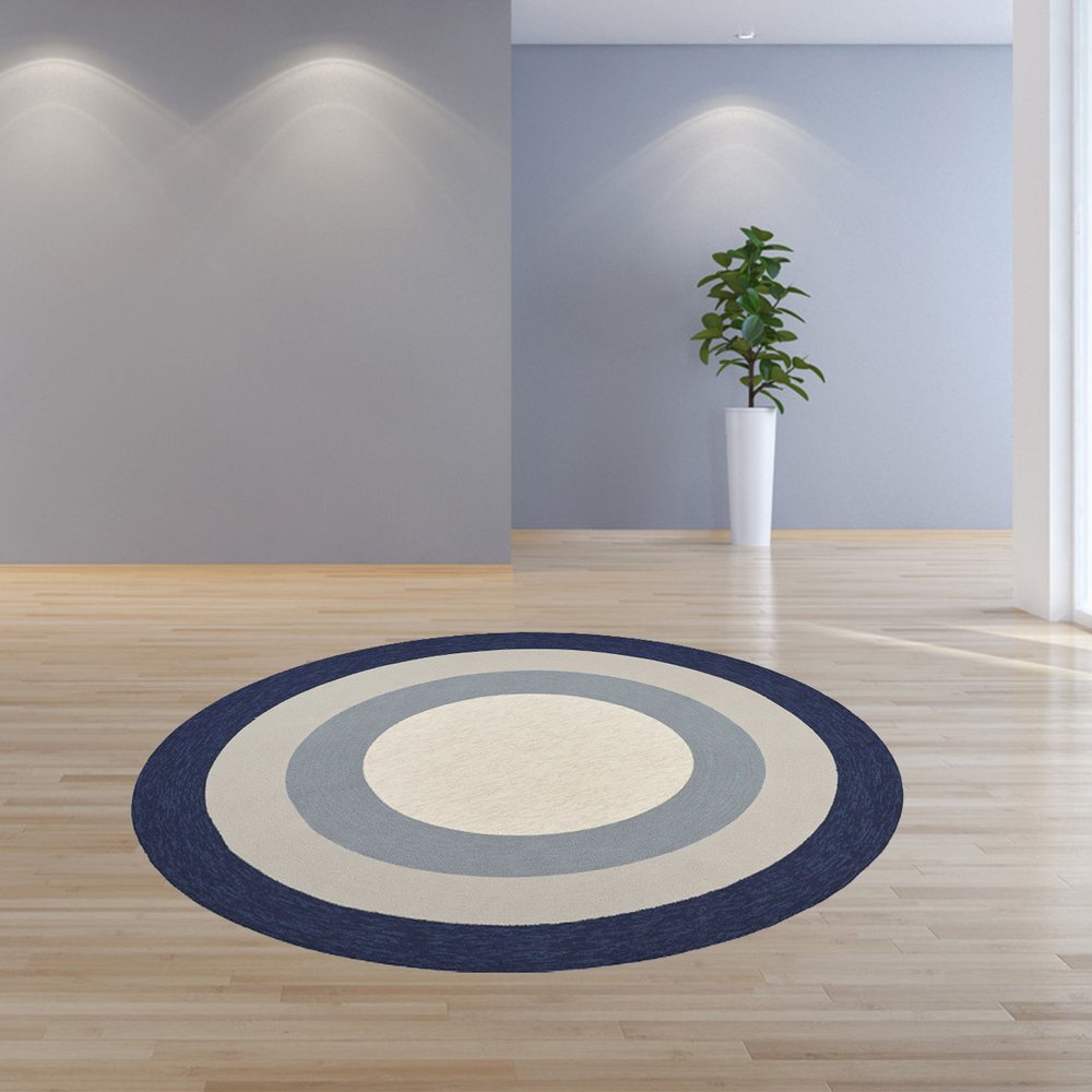 7' Navy Blue Gray And Ivory Round Geometric Handmade Indoor Outdoor Area Rug