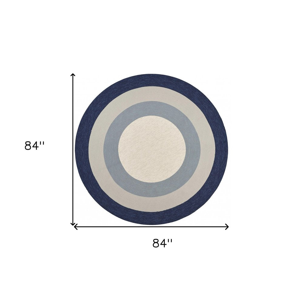 7' Navy Blue Gray And Ivory Round Geometric Handmade Indoor Outdoor Area Rug