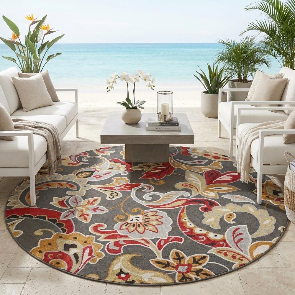 7' Taupe Red And Gray Floral Hand Tufted Round Rug With UV Protection