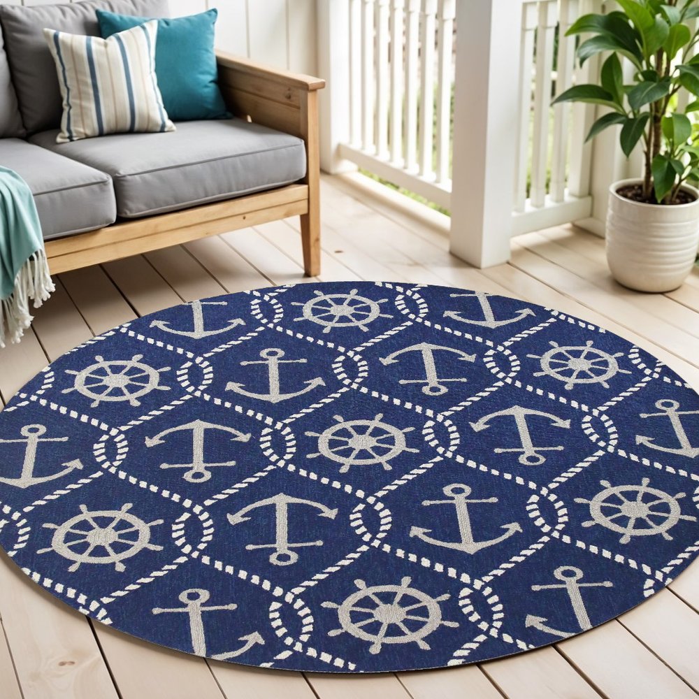 7' Navy Blue Round Nautical Handmade Indoor Outdoor Area Rug