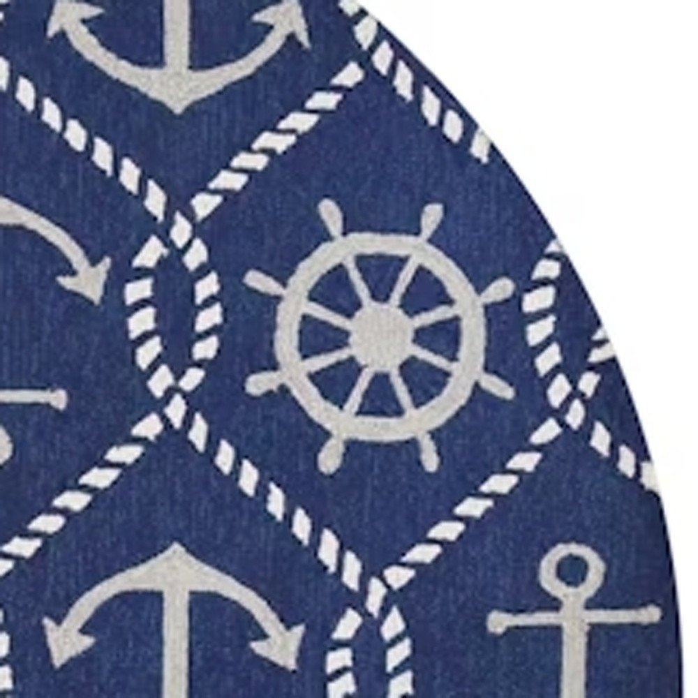 7' Navy Blue Round Nautical Handmade Indoor Outdoor Area Rug