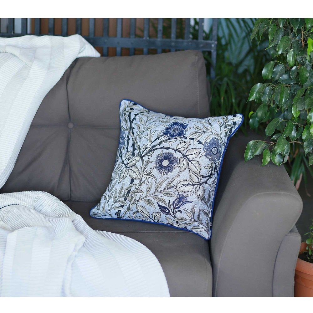 17" Beige And Blue Floral Fabric Throw Pillow Cover