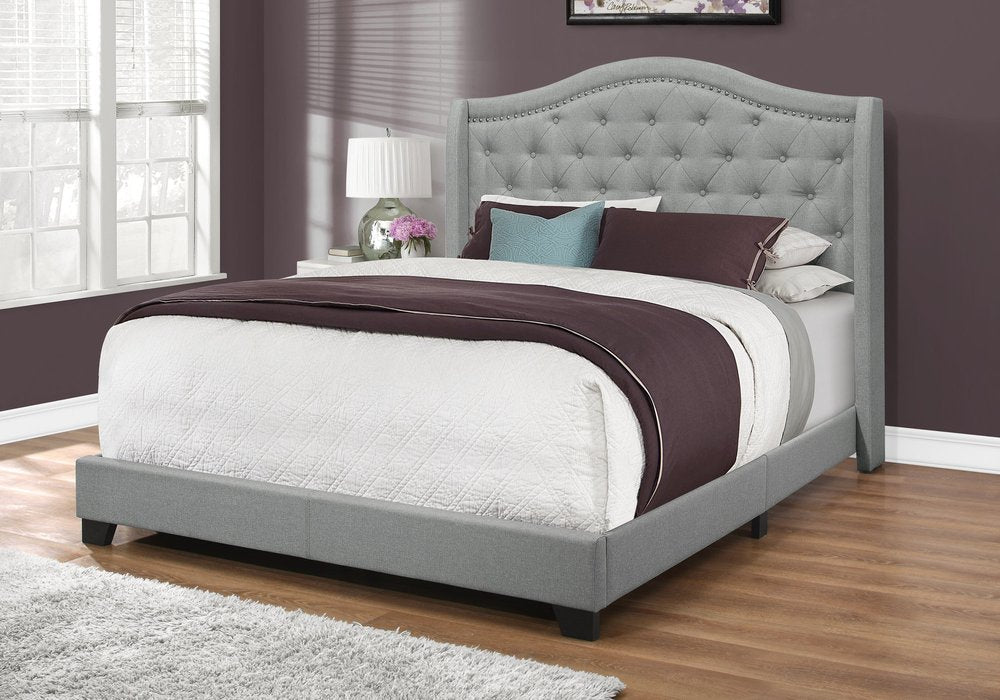 Solid Wood Queen Tufted Gray Upholstered Linen Bed With Nailhead Trim