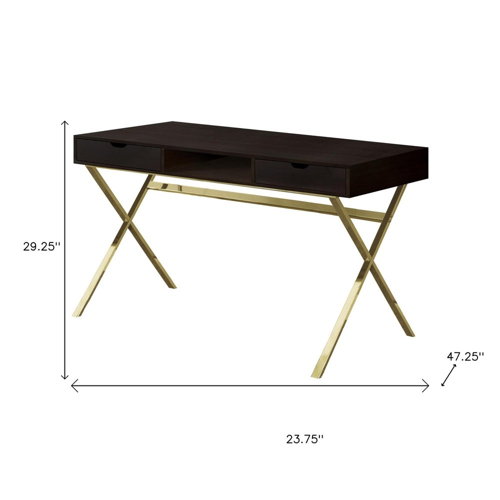 24" Dark Brown and Gold Computer Desk With Two Drawers