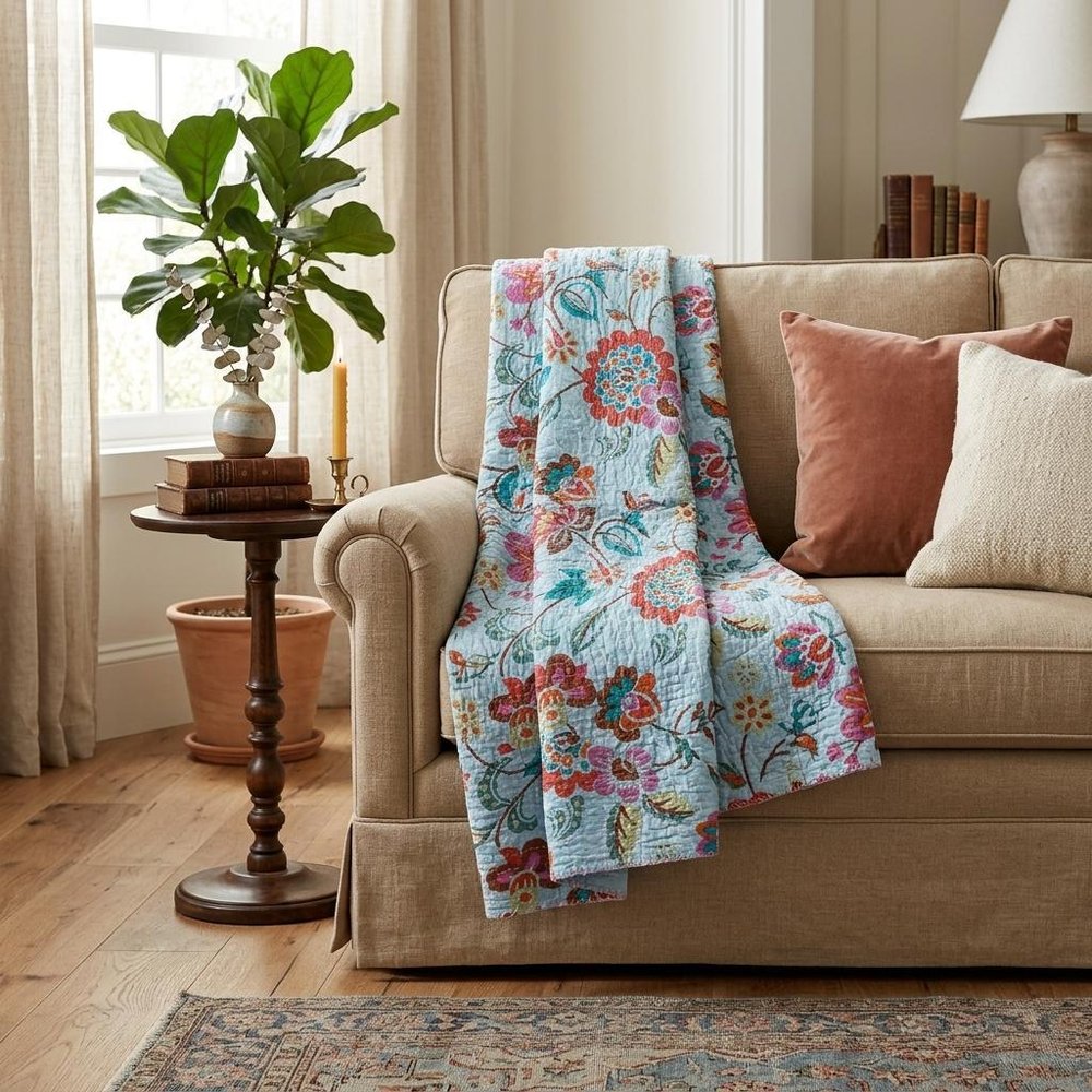 50" X 70" Blue and Brown Kantha Cotton Floral Throw Blanket with Embroidery