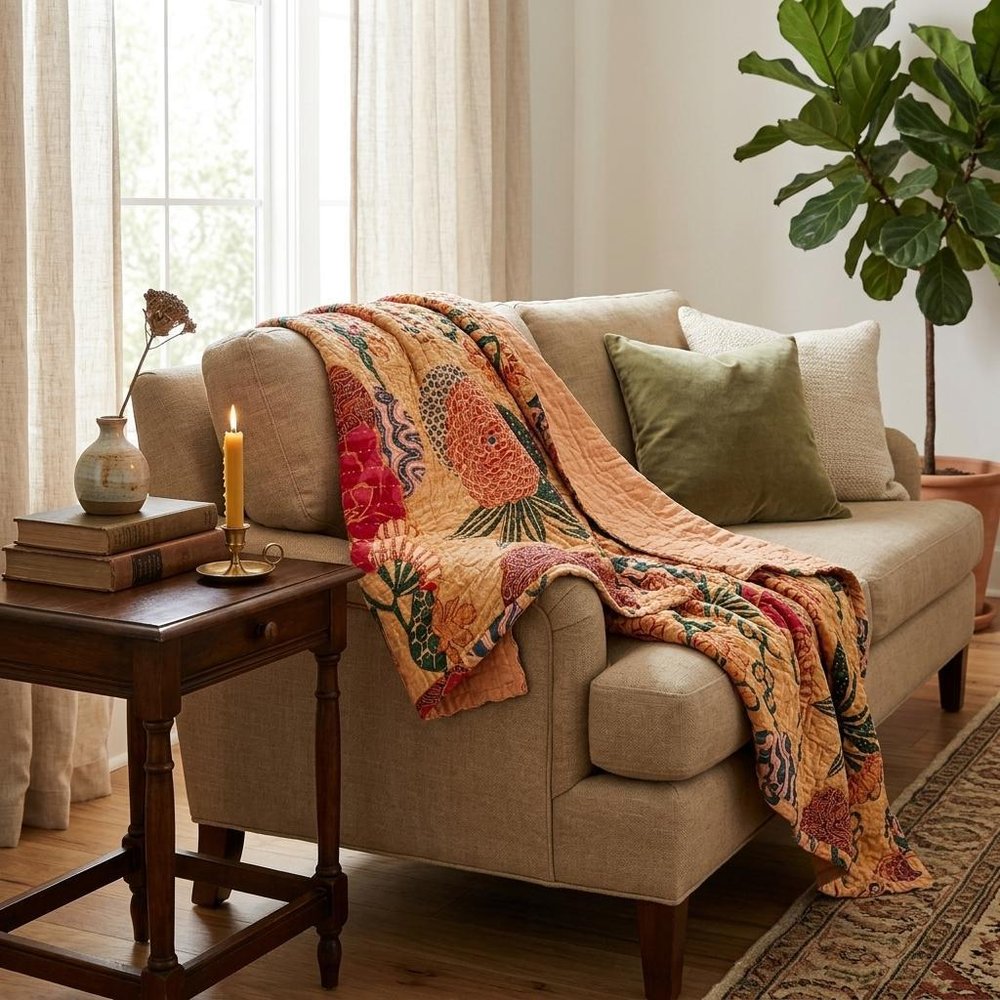50" X 70" Orange and Red Kantha Cotton Floral Throw Blanket with Embroidery