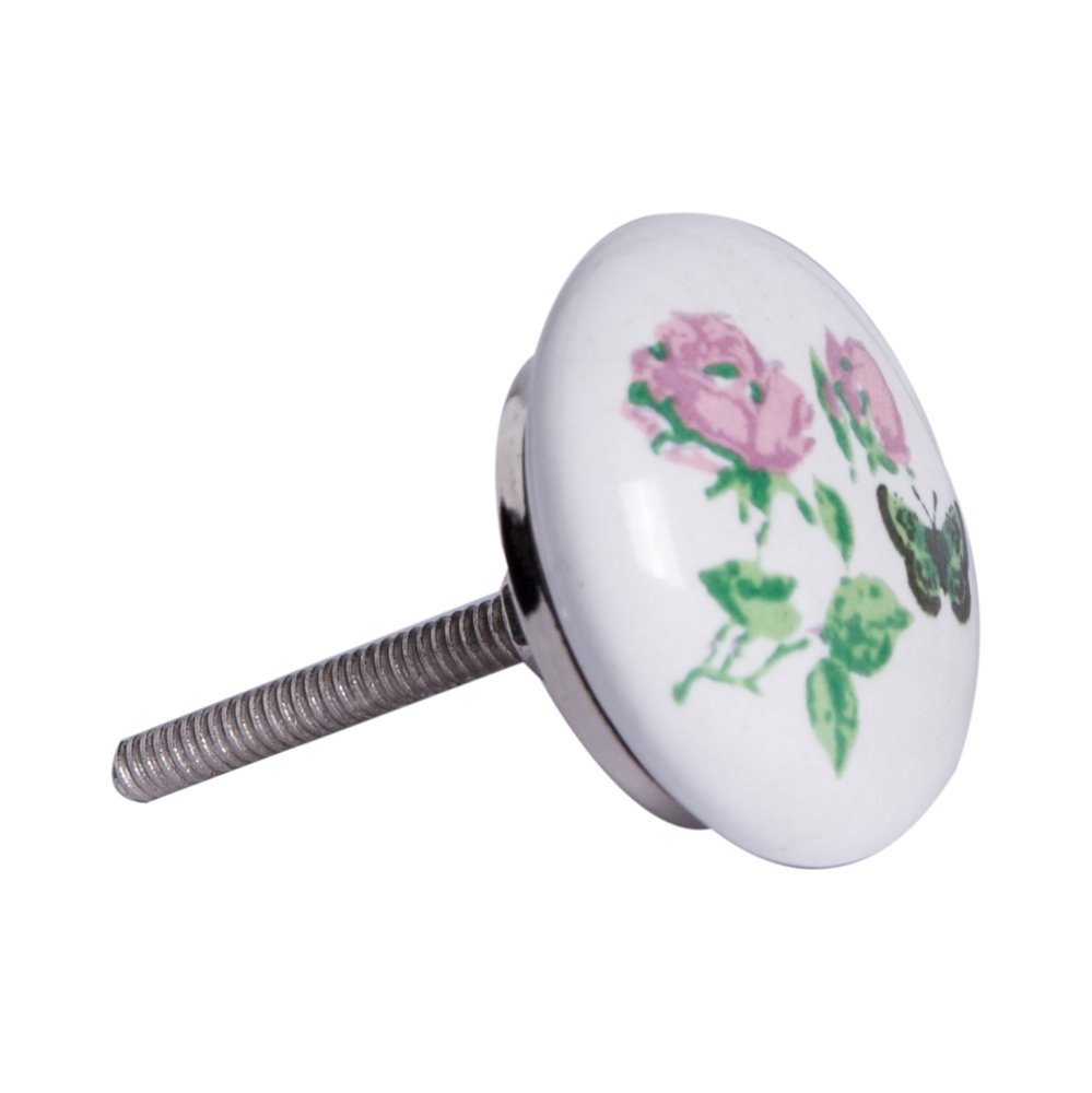 Set of Twelve Pink White And Green Floral Ceramic Drawer Pull Knobs