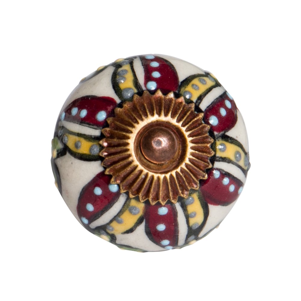 Set of Twelve Red And Yellow Botanical Ceramic Drawer Pull Knobs